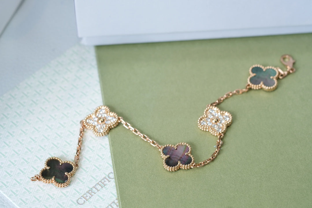 [Clover-Jewelry]CLOVER 5 MOTIFS DARK MOP AND DIAMONDS PINK GOLD BRACELET