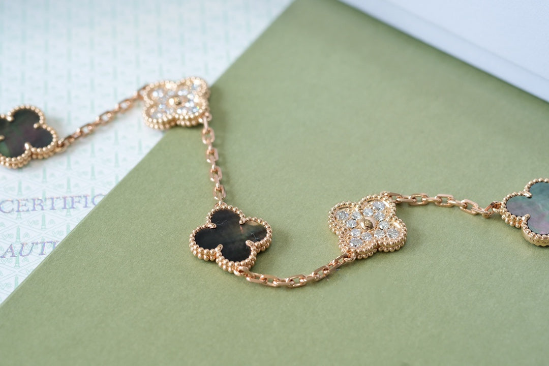 [Clover-Jewelry]CLOVER 5 MOTIFS DARK MOP AND DIAMONDS PINK GOLD BRACELET