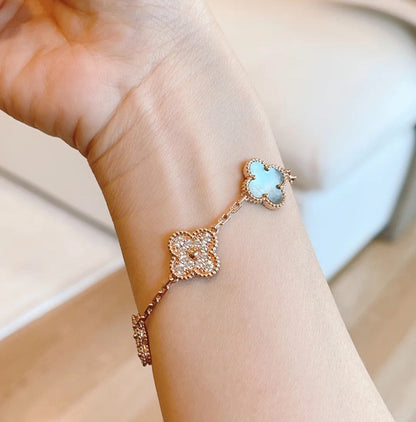 [Clover-Jewelry]CLOVER 5 MOTIFS DARK MOP AND DIAMONDS PINK GOLD BRACELET