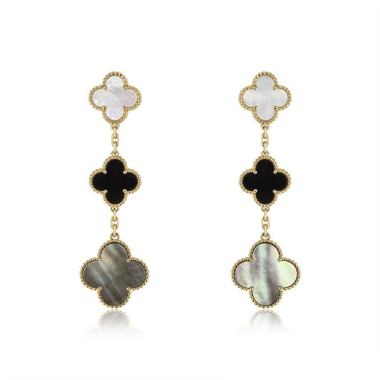 [Clover-Jewelry]CLOVER EARRINGS GOLD ONYX MOP 3 MOTIF