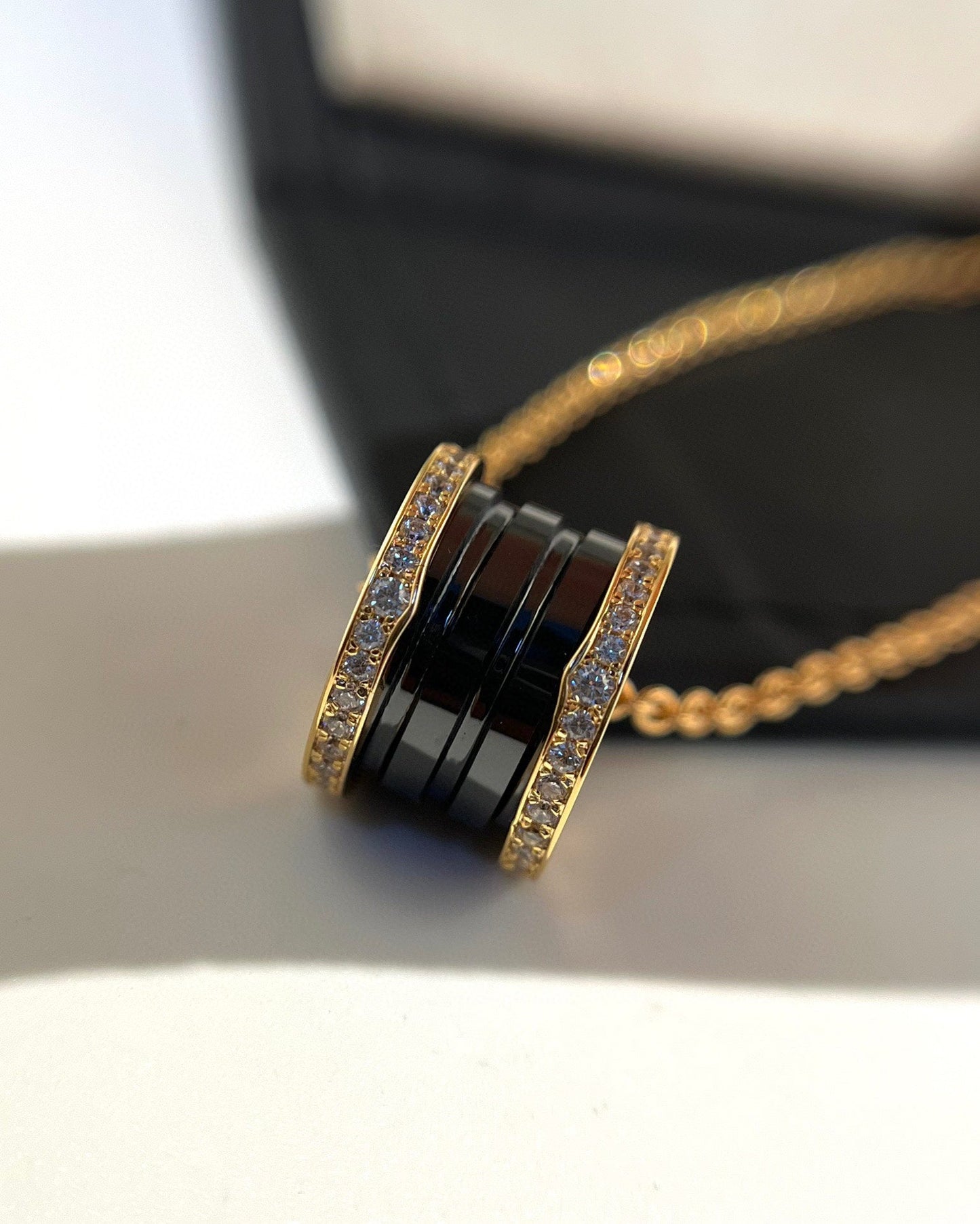 [Clover-Jewelry]ZERO 1 BLACK CERAMIC DIAMOND PINK GOLD NECKLACE