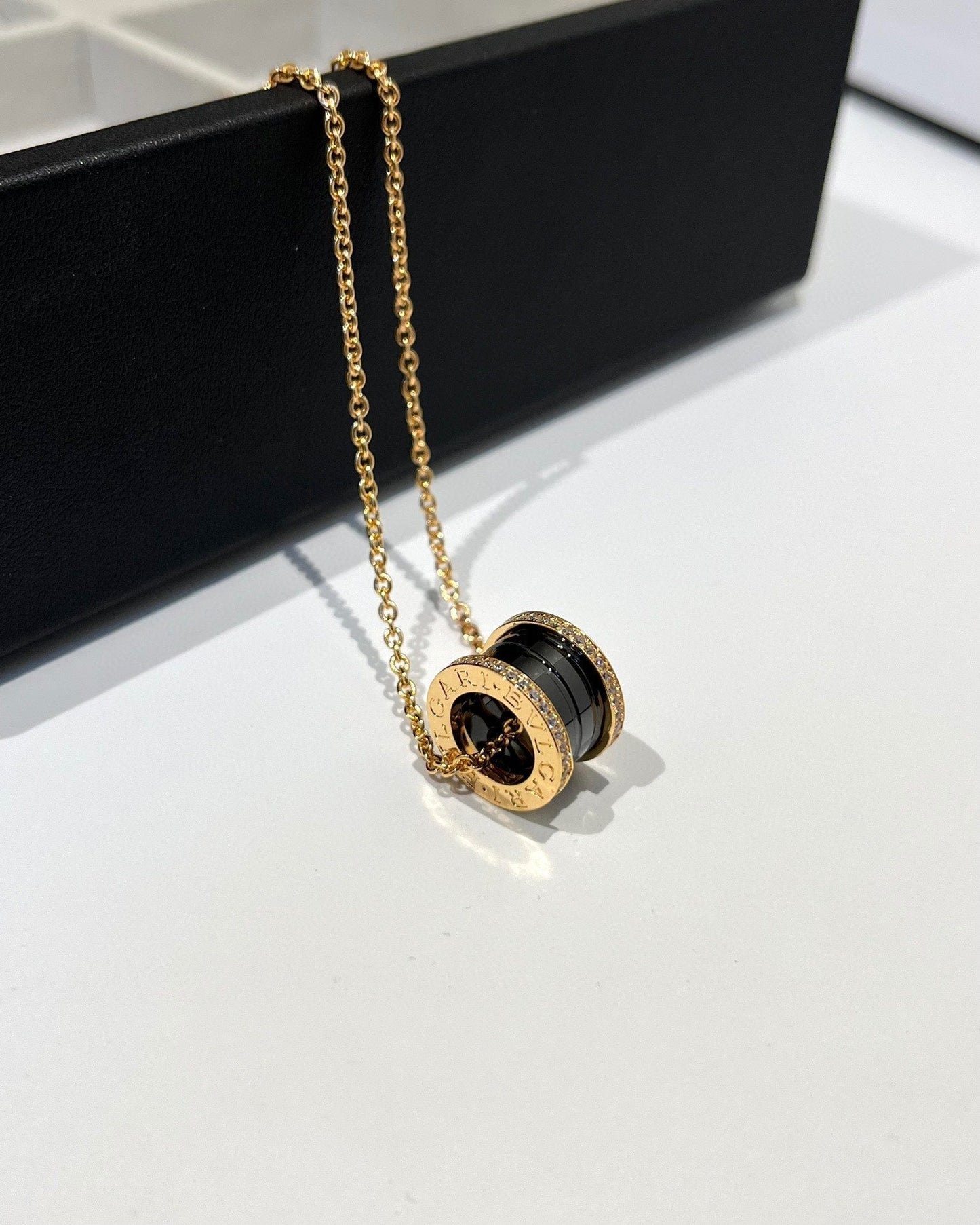 [Clover-Jewelry]ZERO 1 BLACK CERAMIC DIAMOND PINK GOLD NECKLACE