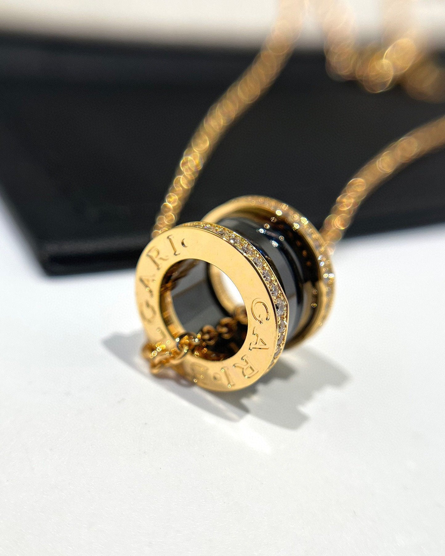 [Clover-Jewelry]ZERO 1 BLACK CERAMIC DIAMOND PINK GOLD NECKLACE