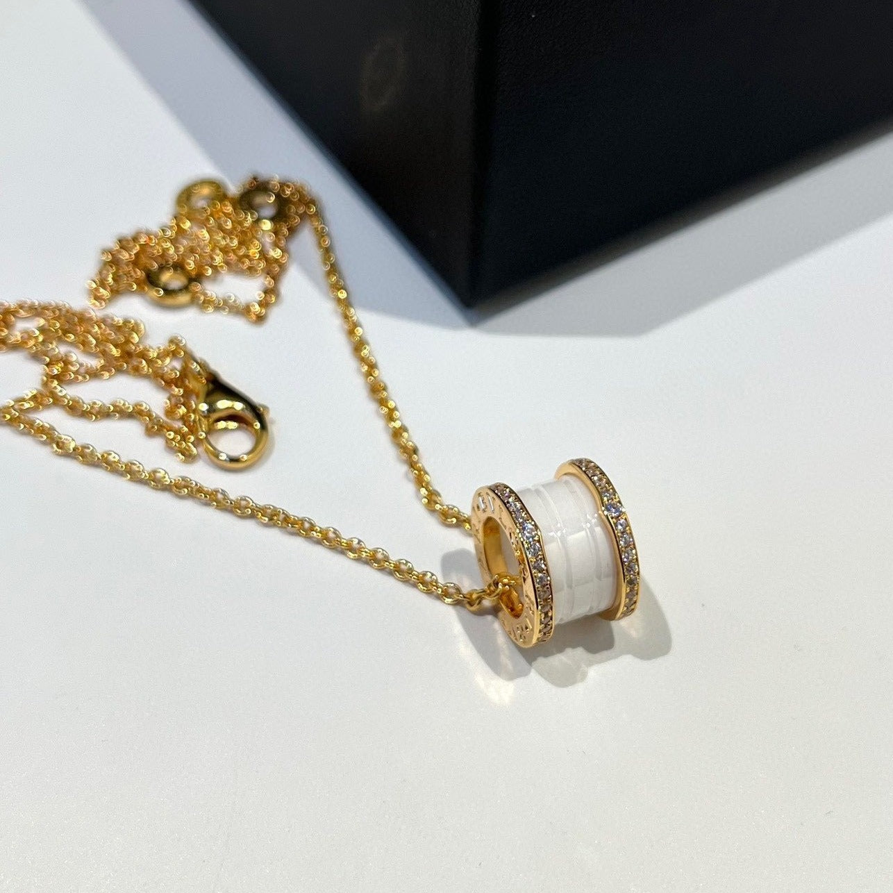 [Clover-Jewelry]ZERO 1 WHITE CERAMIC DIAMOND PINK GOLD NECKLACE